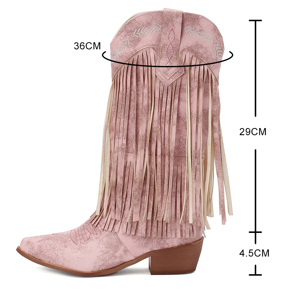 Cowboy Boots Shoes For Women Embroidery Tassel Chunky Heels Pointed Toe Pink Western Boots Fashion Slip-on Wedge Boots Female