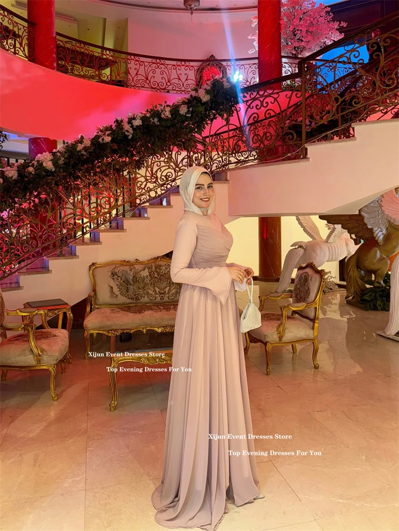 Suknie wieczorowe Xijun Modest Chiffon A-Line z długimi rękawami, Dubajskie muzułmańskie suknie balowe, długie do podłogi, formalne okazje, suknie balowe szyte na miarę