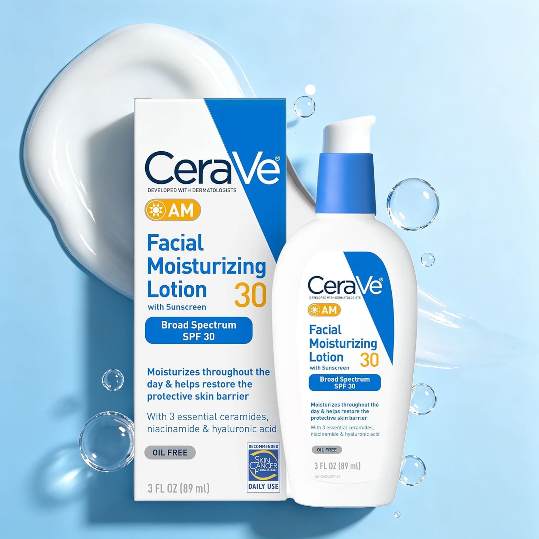 Loción Hidratante Facial CeraVe AM con SPF 30, Sin Aceite, con Ácido Hialurónico, Niacinamida y Ceramidas, 3oz