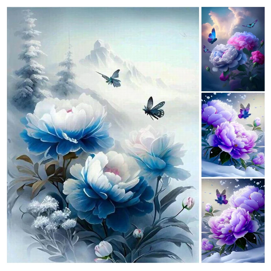 Fullcang Diy Diamond Painting Complete Kits New 2024 Winter Peony Flower Full Mosaic Embroidery Butterfly Floral Wall Decor