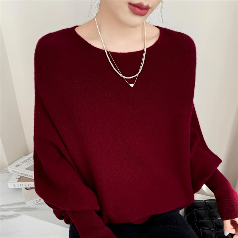 

Осенне-зимний модный женский пуловер из 100% мериносовой шерсти, свитер с одним воротником и рукавами «летучая мышь», мягкий повседневный комфортный простой вязаный топ