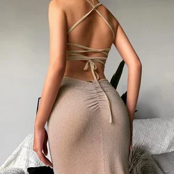 Glitter Backless Dress Women High Split Bodycon Dress Sleeveless Party Bandage Shiny Dress Y2k BlingBling Long Dresses for Women