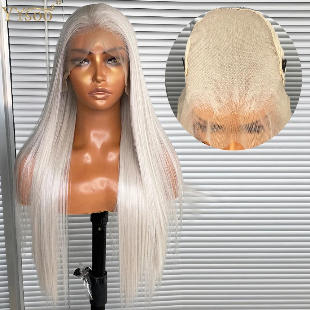 

YYsoo 13x6 Long Silky Straight Grey Wig for Black Women Synthetic Lace Front Wig Futura Heat Resistant Fiber Wig 6Inch Deep Part