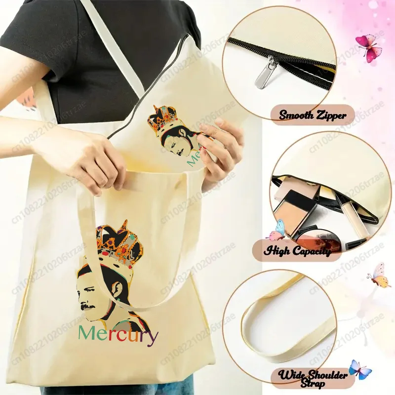 مجموعة حقائب اليد المطبوعة من فريدي ميركوري ذا كوين باند جرافيك روك، حقيبة مكياج من القماش، حقائب تسوق قابلة لإعادة الاستخدام، صديقة للبيئة وقابلة للطي