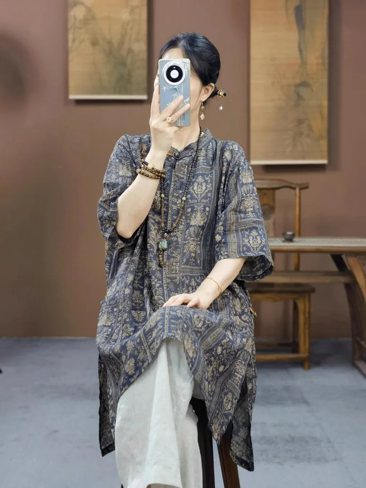 

New Chinese Sle Women's irt Dr Linen Print Stand Collar Mid-Length Loose Fit Commuter Sle Summer 2025 Faion