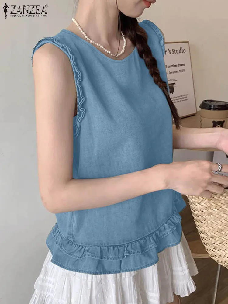 ZANZEA Ruffled Edge Korean Fashion Tank Tops Solid Color Sleeveless O Neck Elegant T-shirts Summer 2024 Women Casual Blouses