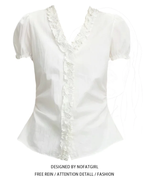 

plus Size Bubble Sleeve Ruffle Hem Short Sleeve Shirt Women's Summer Unique Beautiful Top Korean Style V-Neck Polyester Fiber