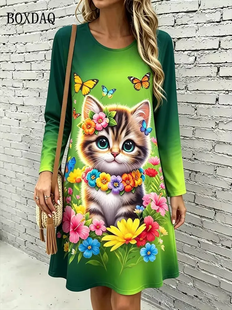 Cute Cat Floral 3D Print Dresses Women's Fashion Gradient Long-Sleeve Dress Autumn Winter Daily Casual Women's Loose Home Dress view 5