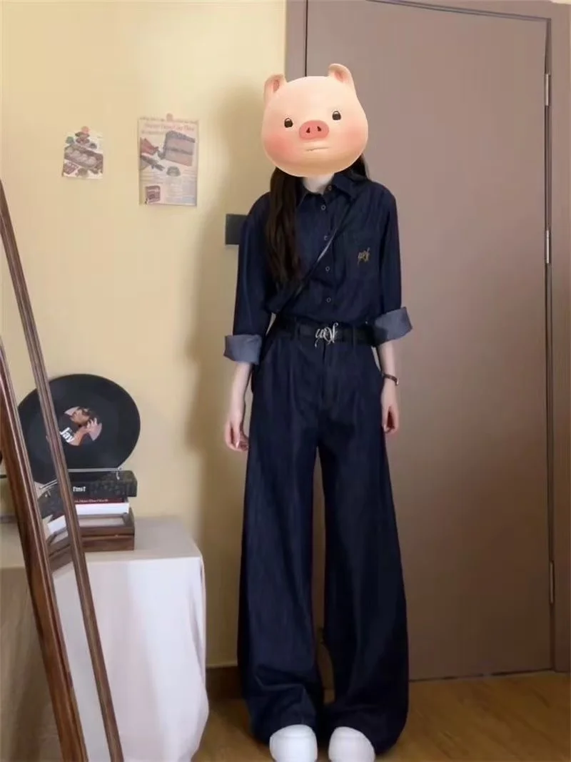 

Модный ретро-комплект из джинсовой жилетки свободного кроя и широких брюк с высокой талией, осенний повседневный комплект с рубашкой с воротником