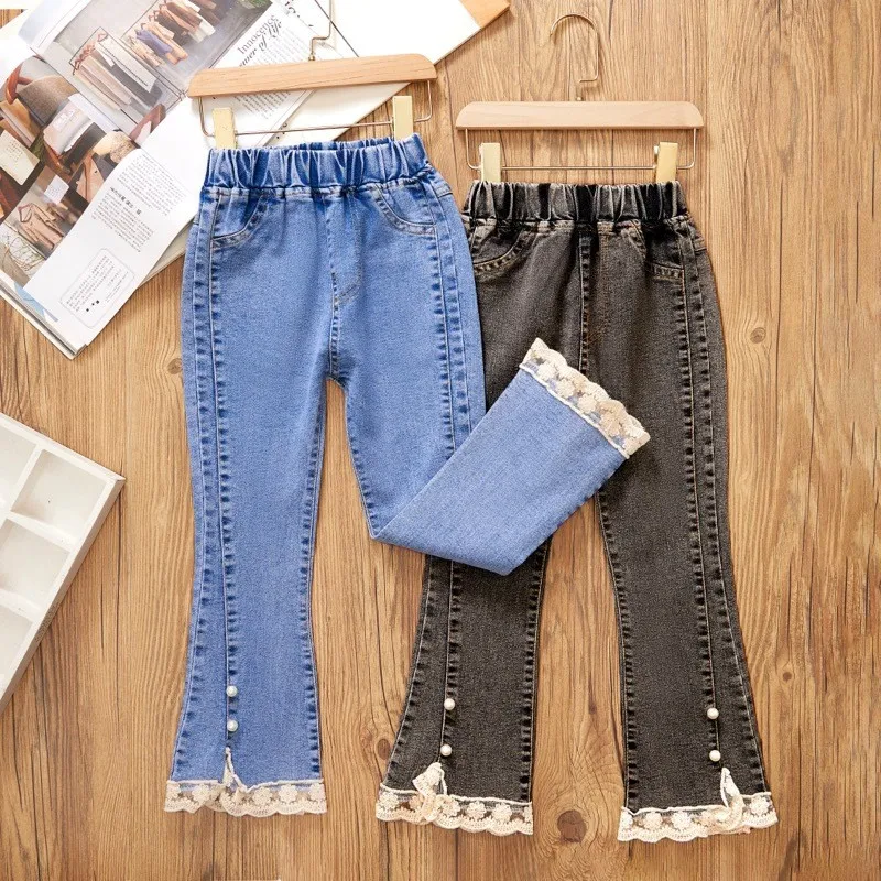 Girls Jeans Lace Elastic Waistline Denim Forking Nail Beads Pants Autumn Solid Color Trousers Spring Big Kid Girl Casual Clothes