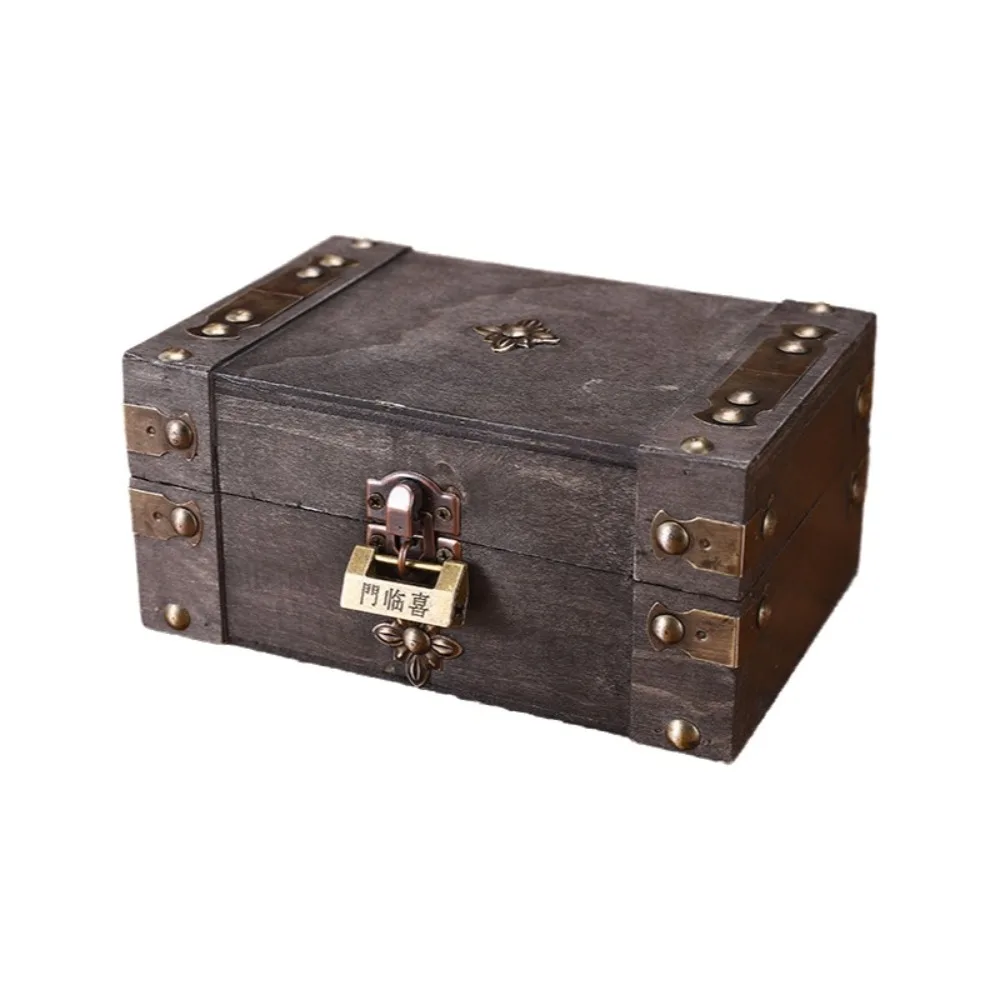 Vintage Multifunctional Treasure Chest Retro Style Wooden Desktop Organizer Decorative Antique Jewelry Storage Box with a Lock