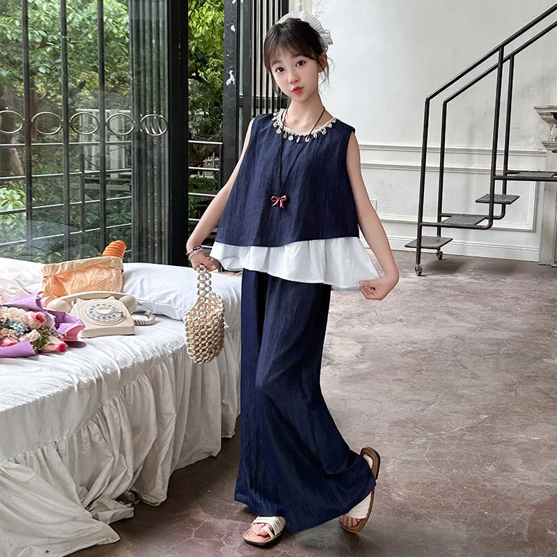 

Elegant Children's Summer Outfit Suit for Girl Bohemian Clothes Set Cotton Tops And Pants 2 Pieces Clothing Set Kids Age 5-14Y