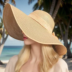 Summer Beach Vacation Big Hat Brim Beach Sunscreen Hat For Women Fashionable and Versatile Bow Bow Ribbon Straw Hat