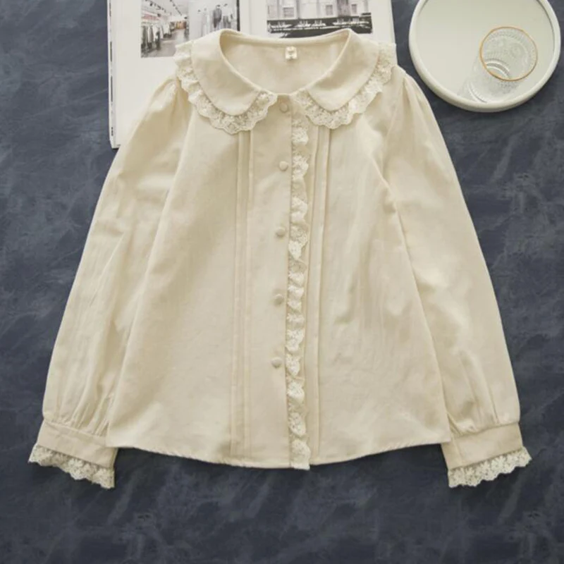 Autumn White Beige Shirt Women Peter Pan Collar Lace Embroidery Hollow Out Long Sleeved Mori Girl Lolita Blouse Tops U023