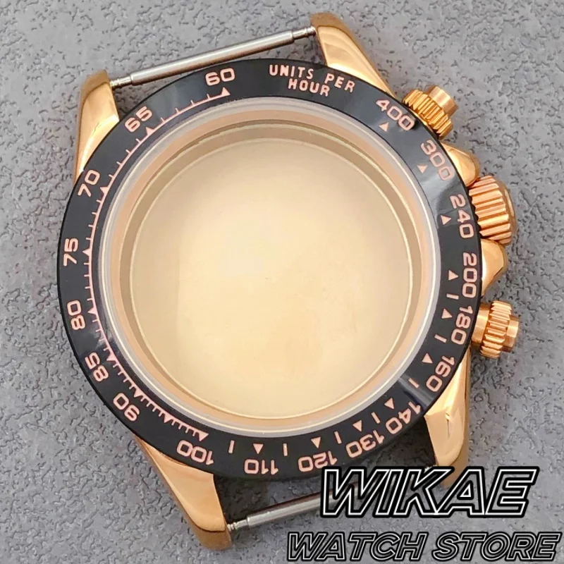 39mm VK63 Two tone Rose Watch Case Bladk Dark Blue Bezel Sapphire Glass Waterproof Fit VK63 Quartz Movement Watch Accessories