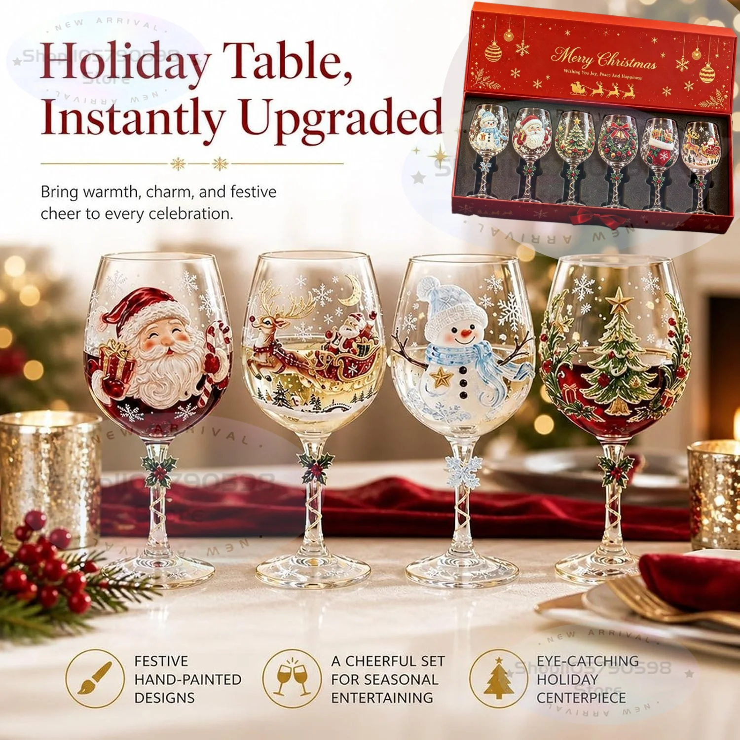 2026 Christmas Wine Glass Collection Gift Box Set,Christmas Glass Cup,1/6PCS Christmas Wine Glasses,Holiday Party Decor