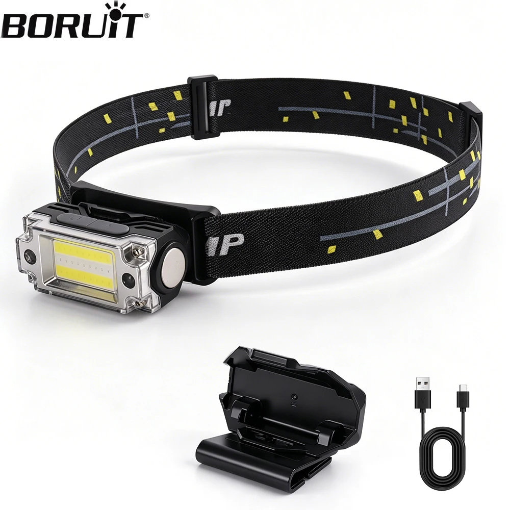 BORUiT T133 Motion Sensor Headlamp Type-C Rechargeable LED Headlight 5 Modes Portable Forehead Flashlight for Camping Fishing