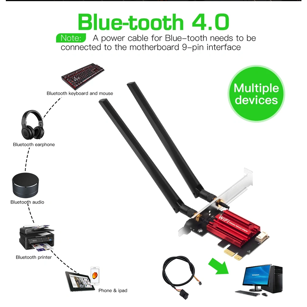 AC1200 WiFi 5 PCI-E Wireless Network Card Dual Band 2.4G 5GHz 802.11AC Bluetooth 4.0 PCIe WiFi Adapter For Desktop Windows 7-11