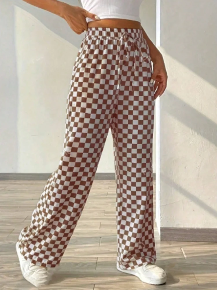 Checkered Printed Pants Lace Up Women\'s Casual Pants Fashionable High Street Versatile Daily Autumn Wide Leg Pants