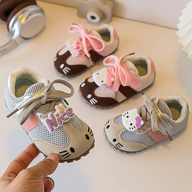 

Детская повседневная обувь Hello Kitty из искусственной кожи, осенняя уличная спортивная обувь для детей, дышащая противоскользящая серо-розовая обувь, размер 23-34