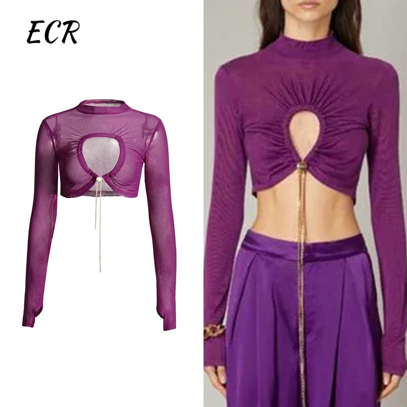 ECR Sexy Slimming Shirts For Women Round Neck Long Sleeve Hollow Out Patchwork Tassel Streetwear Short Shirt Female Clothing New