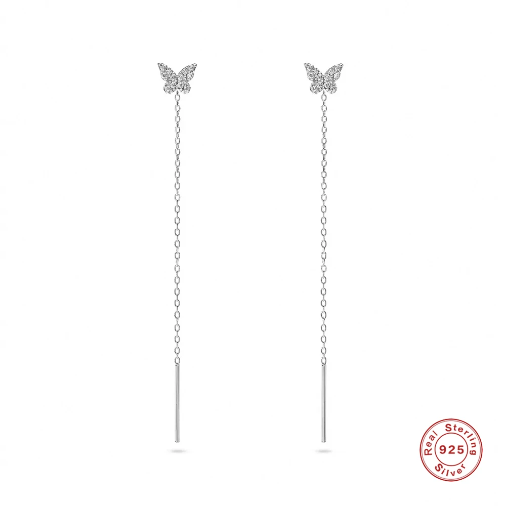 Aide 925 Sterling Silver Shiny CZ cyrkon Butterfly Stud z długi wiszący łańcuszek Pin przód powrót Dangle kolczyki dla kobiet Party