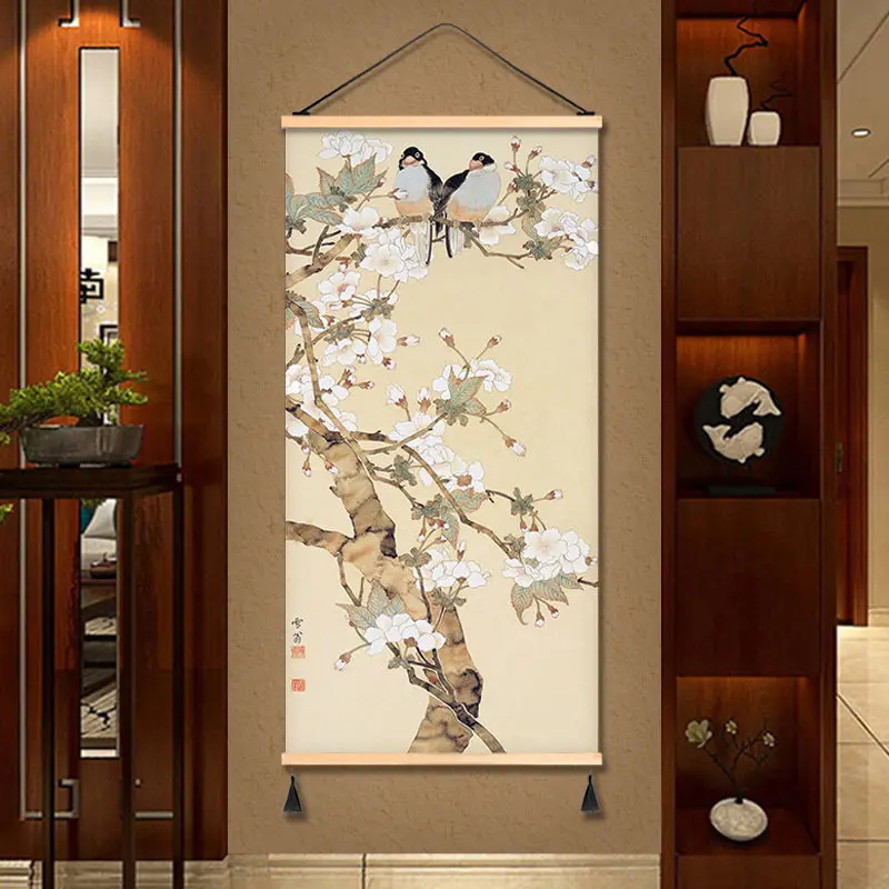 Chinese Style Scroll Wall Paintings Flower Bird Vintage Room Decor Aesthetic Living Room Decoration Tapestry Wall Art Hanging