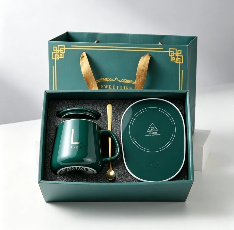 Insulated Ceramic Constant Temp Mug Set, 55℃ Heating Coaster Included, Complete Gift Box for Home Drinking and Present Giving