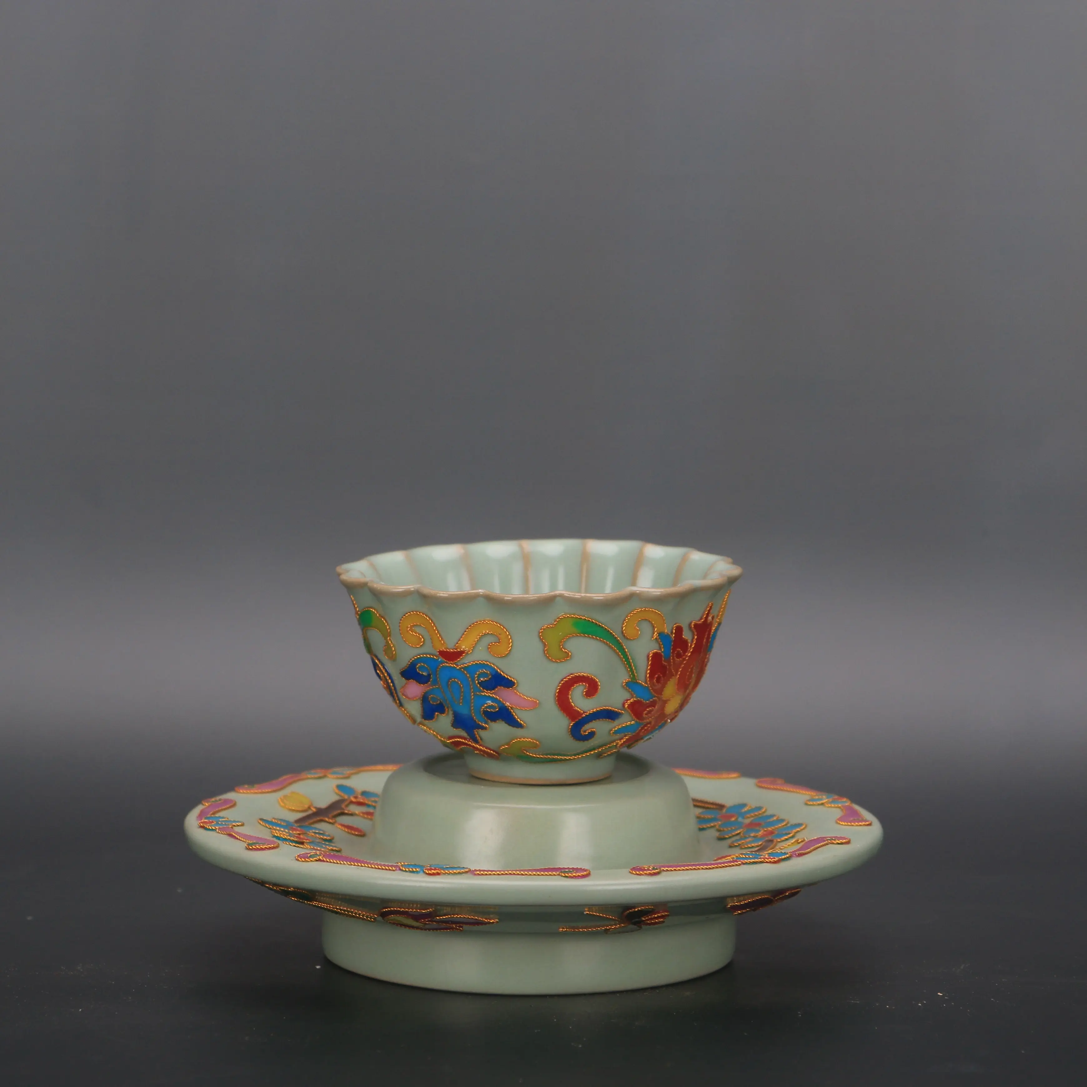 Qianlong Style Green Glaze Cloisonne Enamel Lotus Petal Tea Cup Set Chinese Antique Replica Home Decor