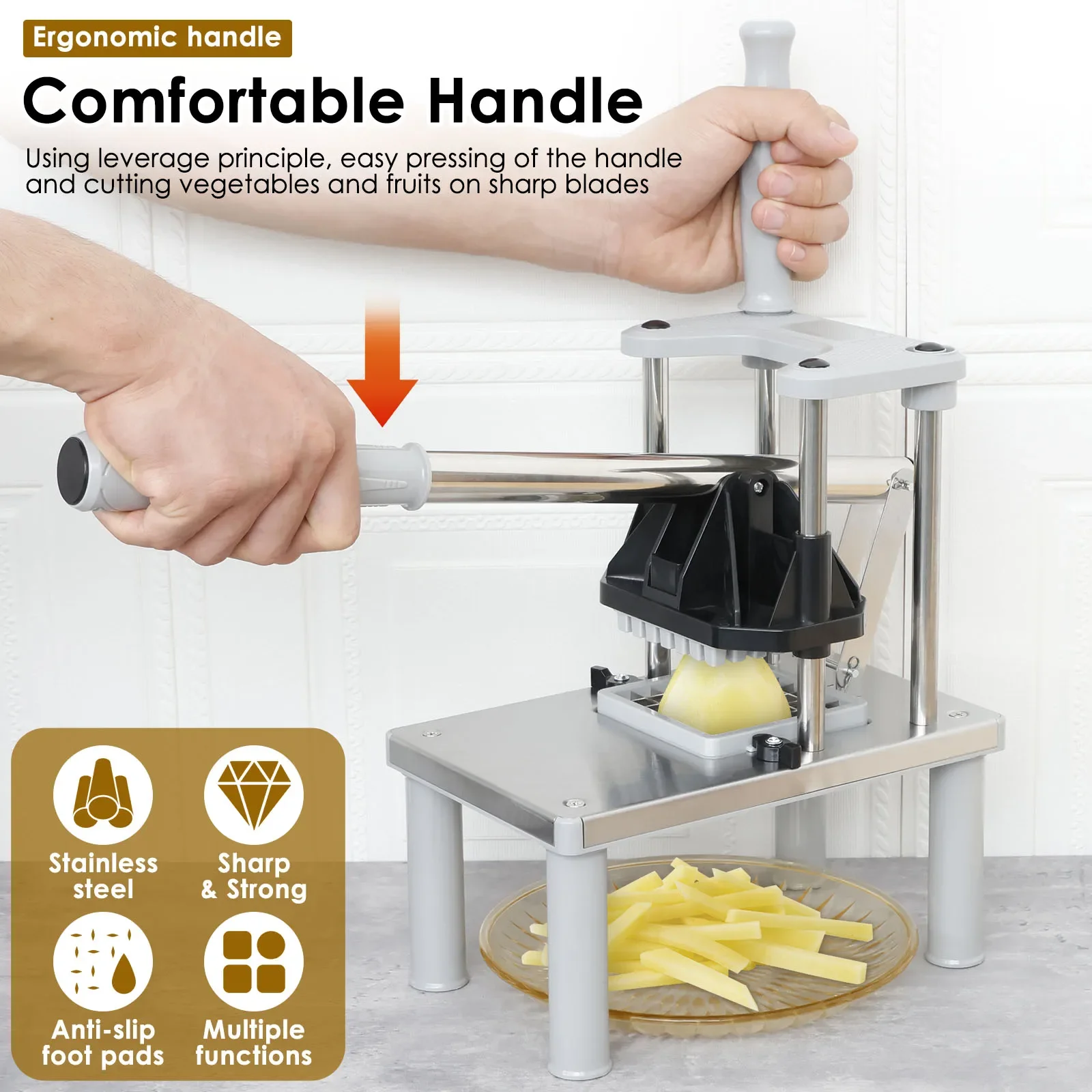 Stainless Steel French Fry Cutter Commercial Vegetable Fruit Chopper Manual Food Dicer with 4 Replacement Blades Kitchen Gadgets