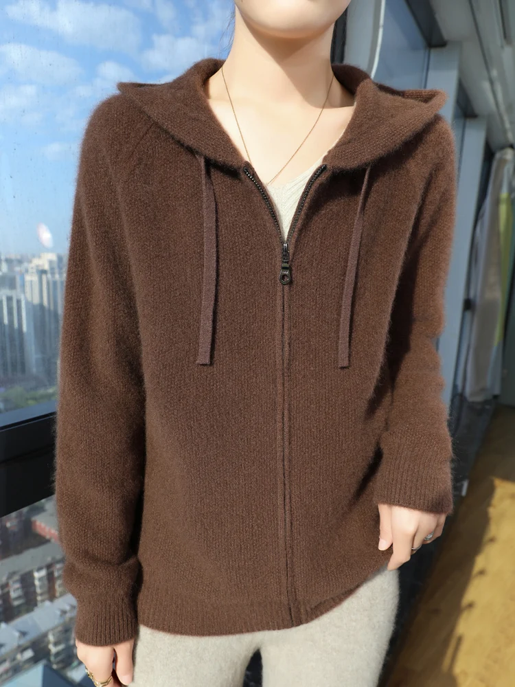 سترة نسائية بقلنسوة من الكشمير سترة خريفية سميكة بأكمام راجلان 100% صوف ميرينو تريكو سحابات ملابس علوية دافئة JJ12