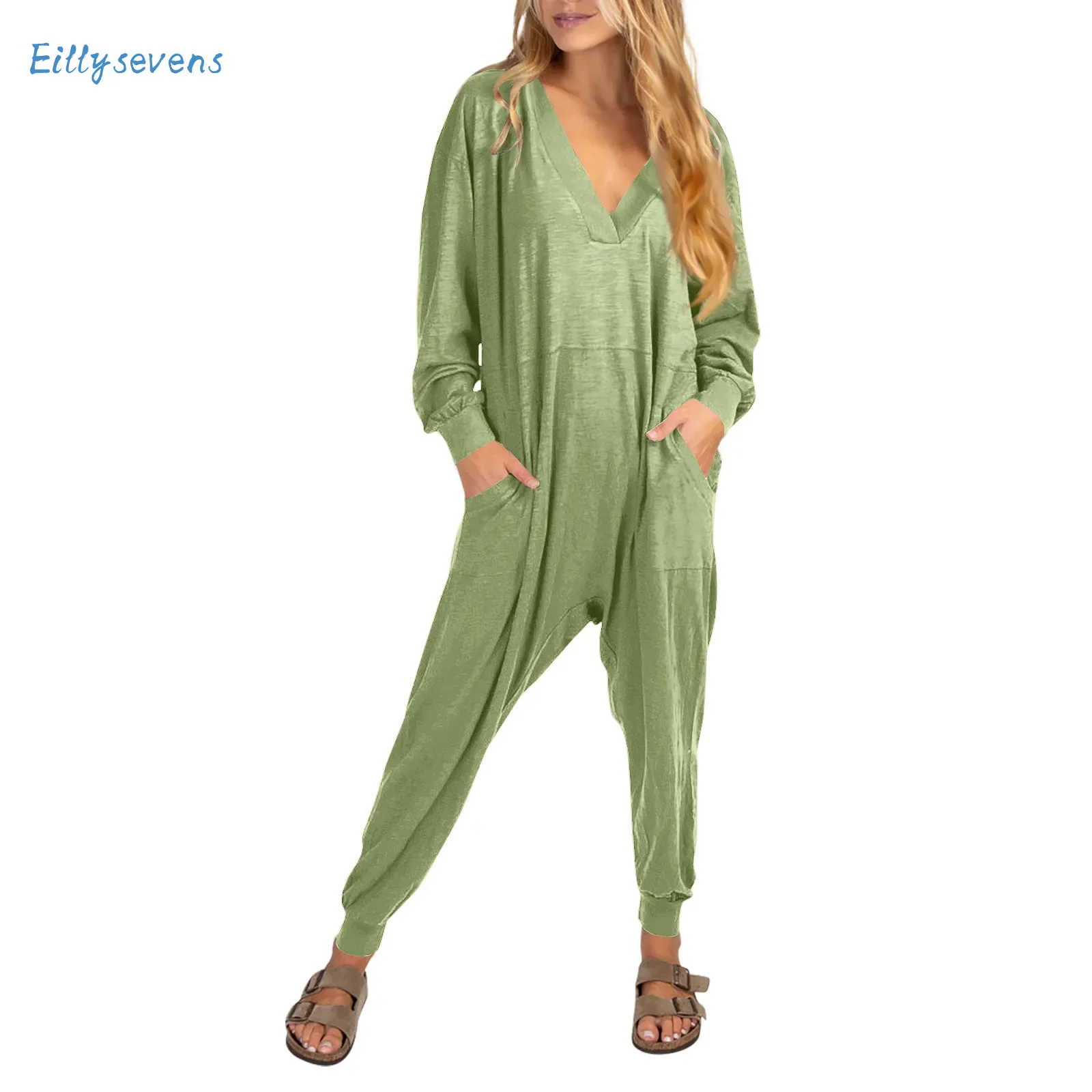 

Women'S Loose Jumpsuits Casual Long Sleeve V-Neck Solid Colour Jumpsuits With Pockets Fashion All-Match Daily Regular Jumpsuits