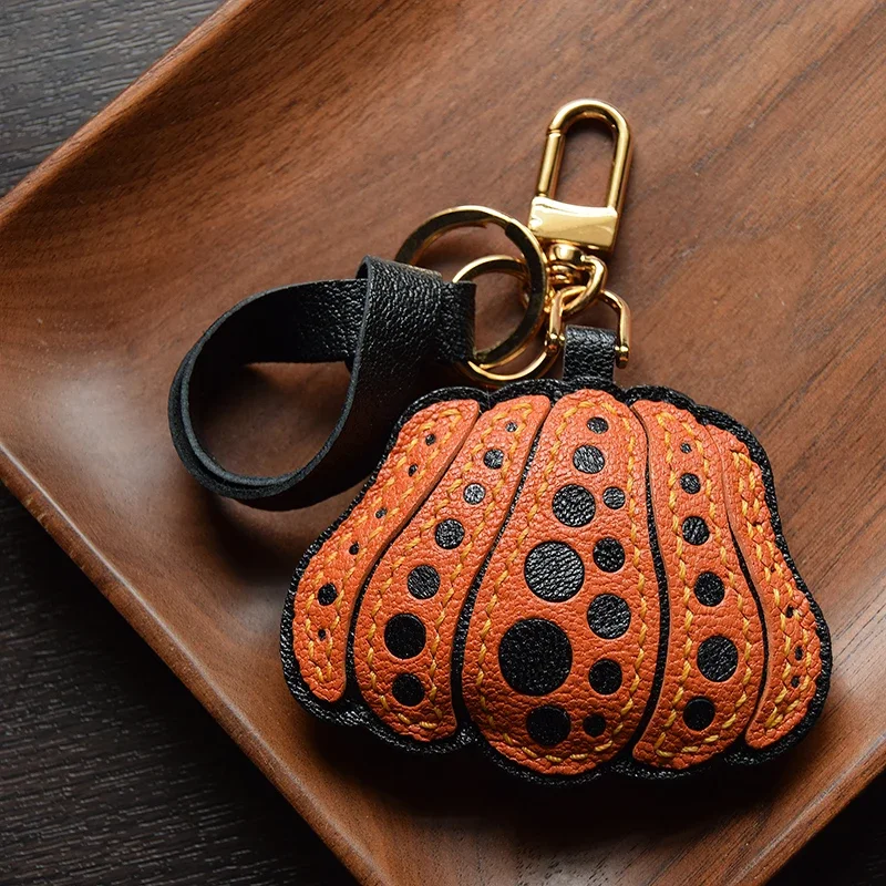 

Original handmade leather polka dot pumpkin keychain bag pendant keyring Christmas and New Year gifts