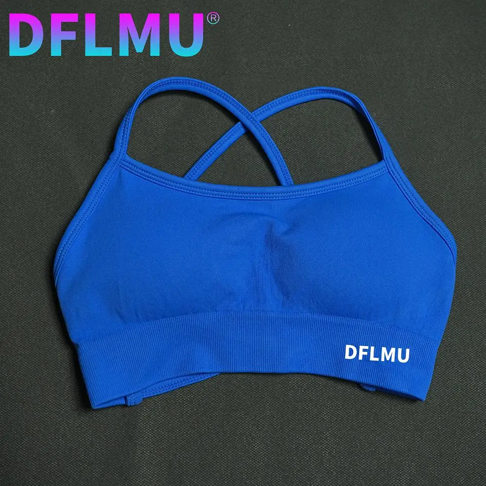 Womens Support Push-up Open Back Gym Wear Fitness Yoga Workout Bra Tops DFLMU Women Sports Shockproof Seamless Halter Top