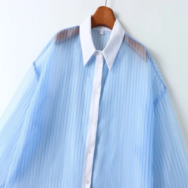 

Spring 2024 Women's Faionable Stripe Design Transparent Hard irt Versatile Long Sve Loose Fit Premium Quali Blouse
