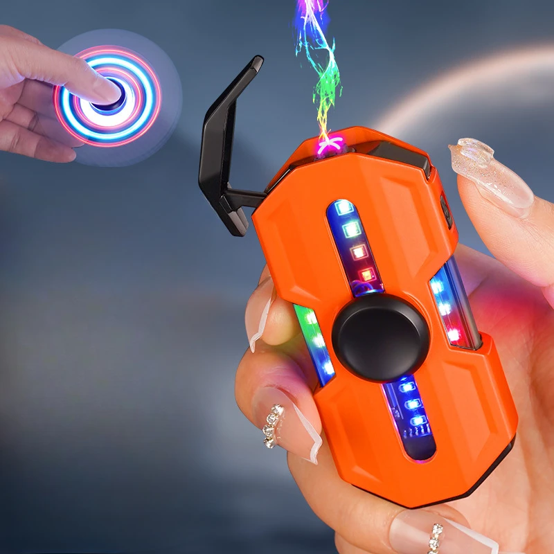 New Spinning Gyro Dual Arc USB Lighter Type-C Fast Charging Portable Outdoor Windproof Power Display Plasma Pulse Lighter Gift