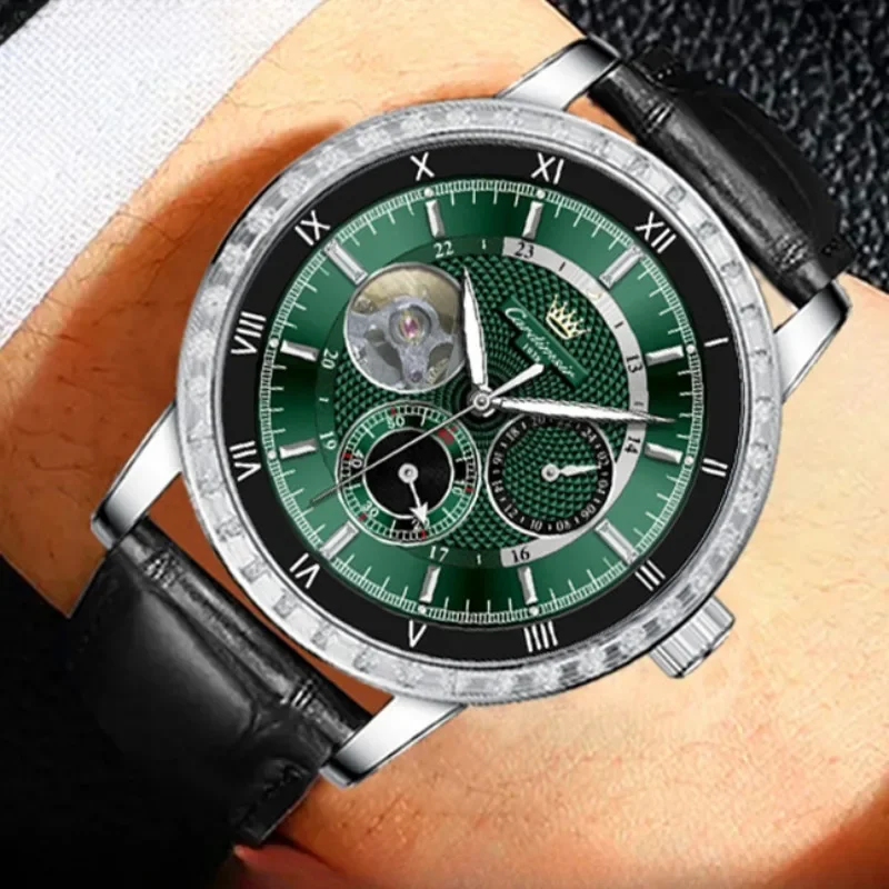 Men Business Watch Fashion Senior Automatic Green Mechanical Men's Watch Casual Waterproof Male Clock Leather Strap Montre Homme