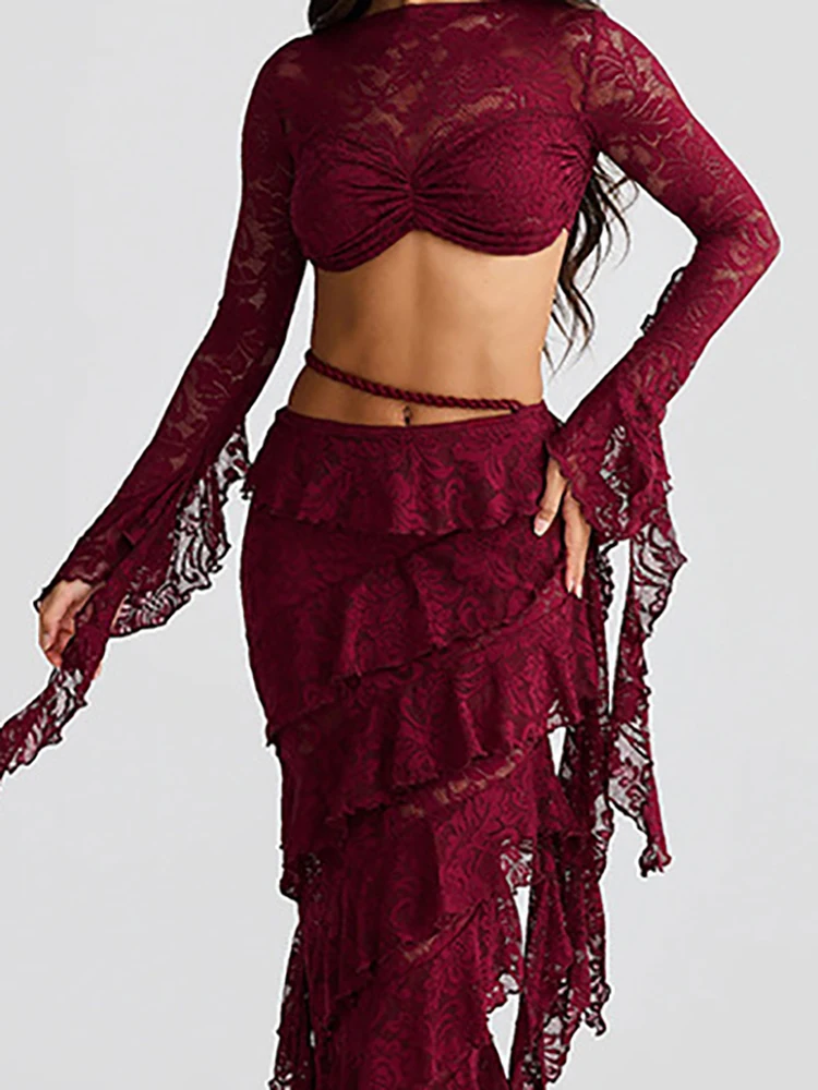 

Женский летний костюм 2026: топ с круглым вырезом и расклешенными рукавами, длинная юбка, кружевная вышивка, облегающий комплект для клуба, вечеринки, повседневный наряд с оборками