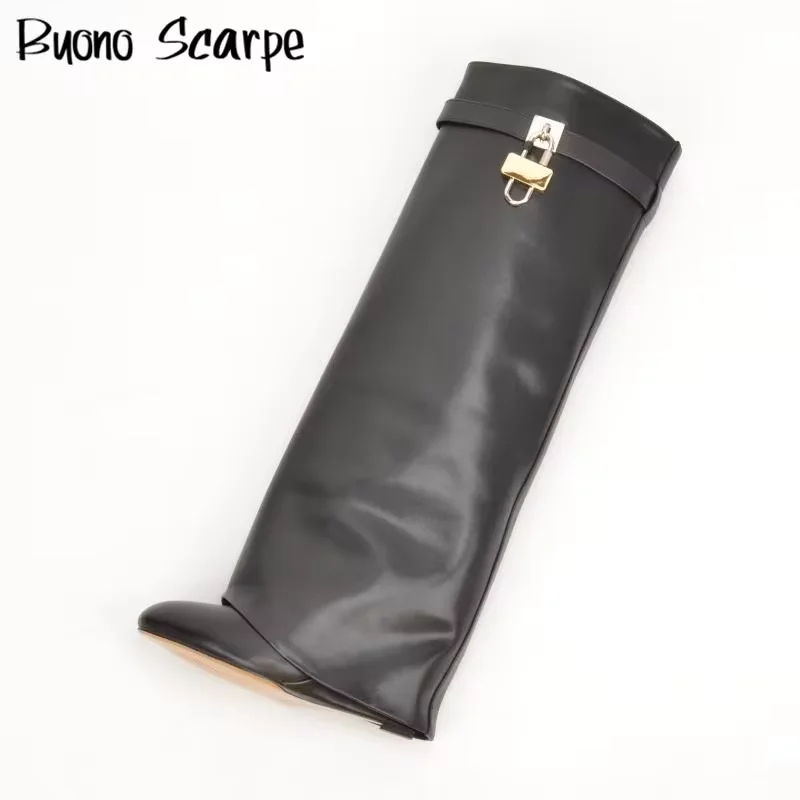 Genuine Leather Women Knight Boots Fashion Wedges Super High Heel Metal Decoration Knee High Shoes Mujer Increasing Modern Botas