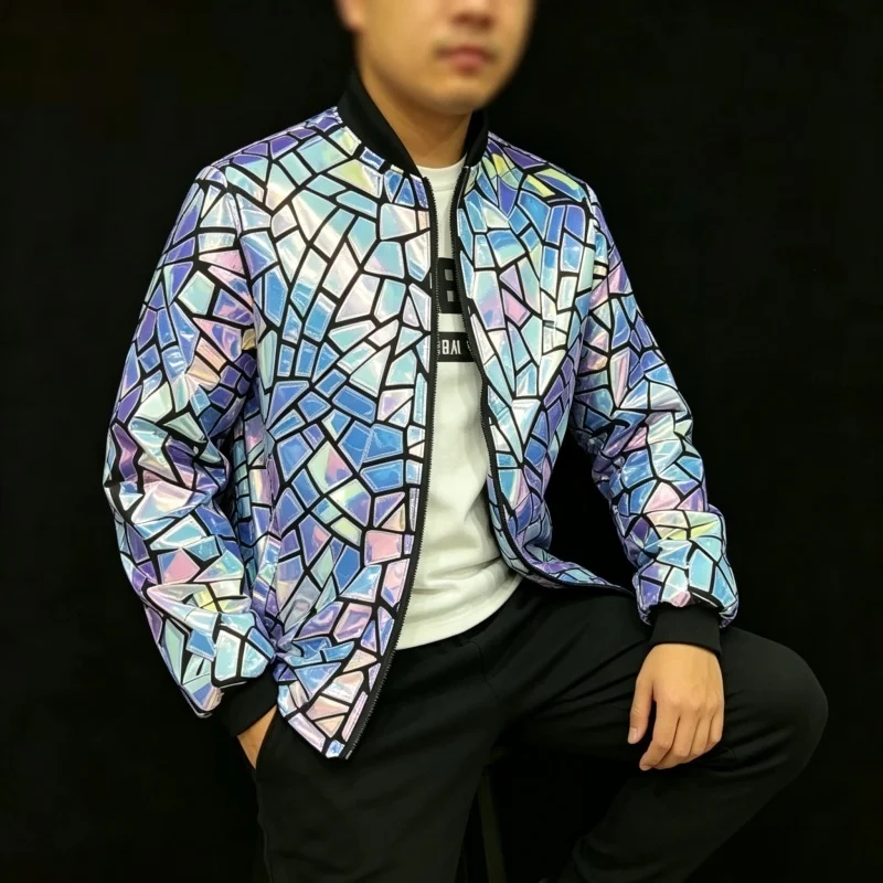 Men's Fashion Trend Silver Mirror Sequin Jacket Elastic Bling Coat Nightclub Bar Stage Performance Fashion Carnival Costumes
