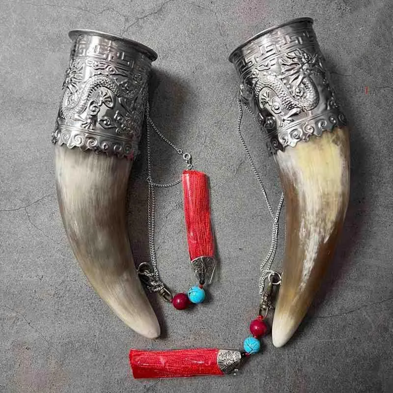 

Natural Ox Horn Mongolian Drinking Mug Dance Performance Props Handicraft Mongolia Ethnic Style Handicraft Meal Decor Gifts
