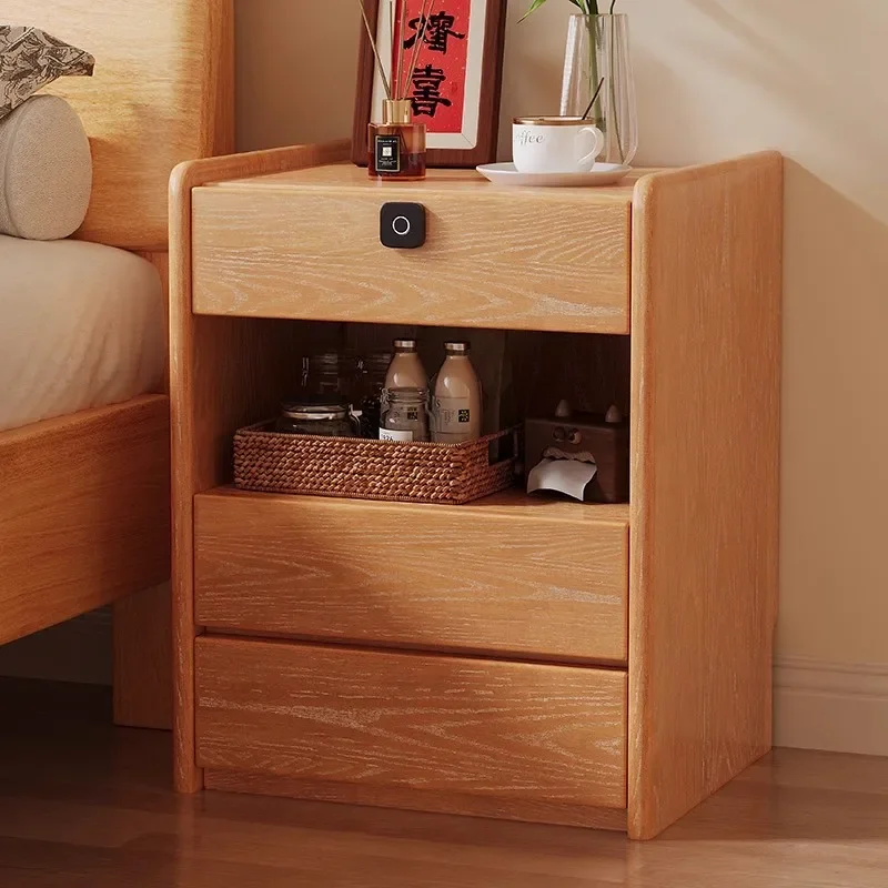 Solid wood bedside table, bedroom with fingerprint lock, bedside table, modern simple home locker, small safe