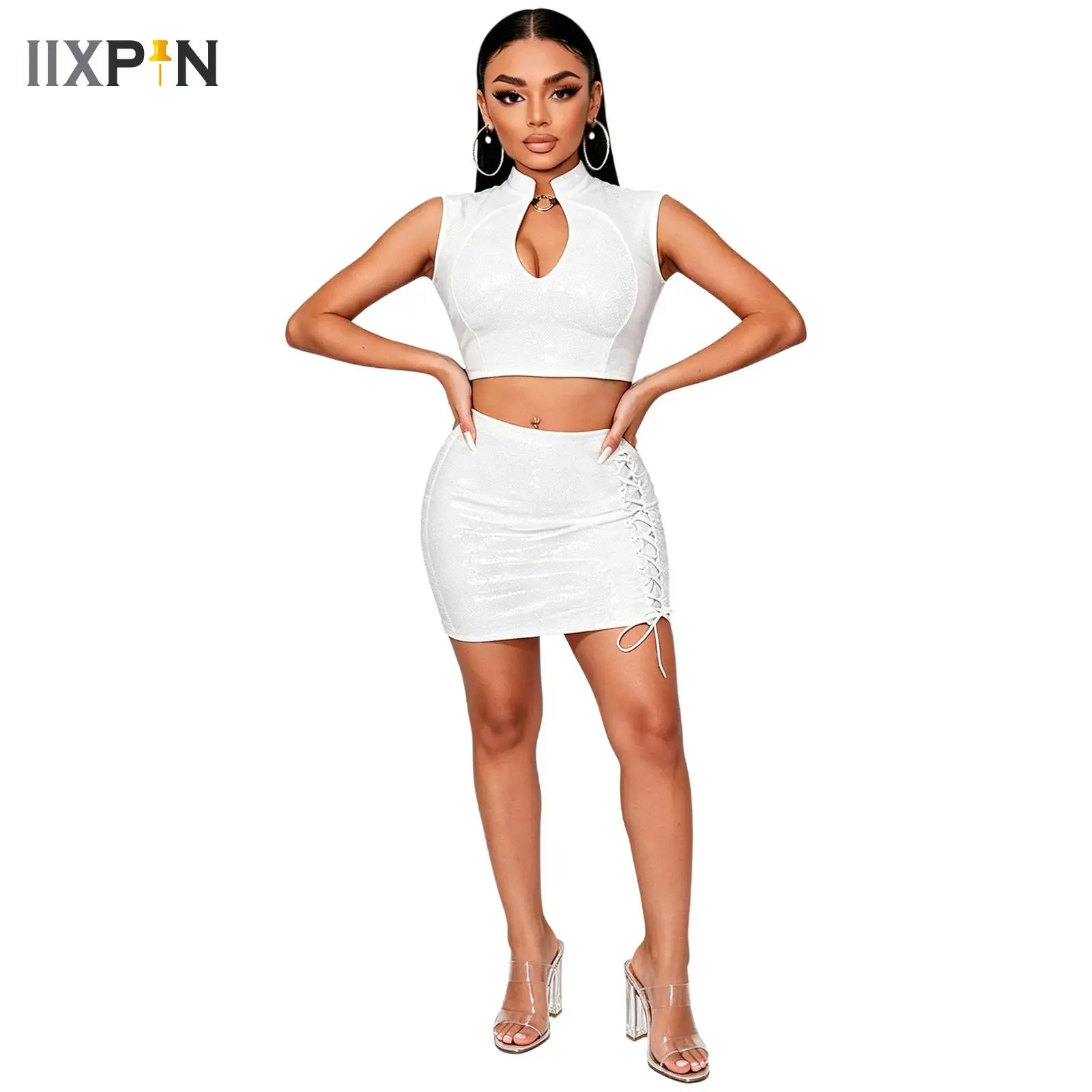 Sexy Sequin Skirts Sets Women Slim Deep V Neck Lace Patchwork Sleeveless Tops Mini Skirt Female Summer Fashion Beach Lady Sets