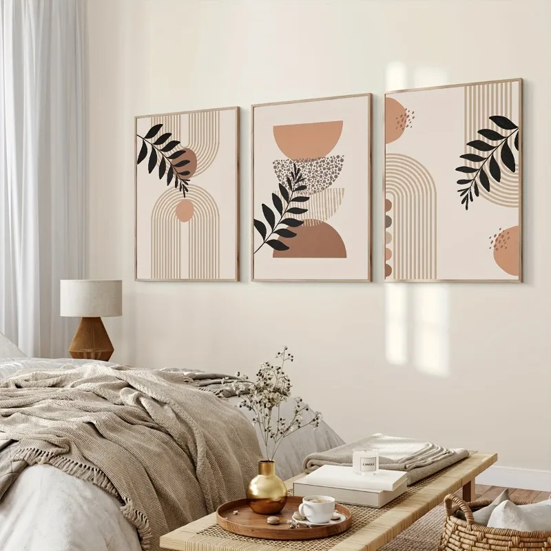 3pcs/set Unframed Canvas Poster, Modern Boho Wall Art Poster, Geometry Semicircle Botanical Leaf Painting, Wall Art Decor