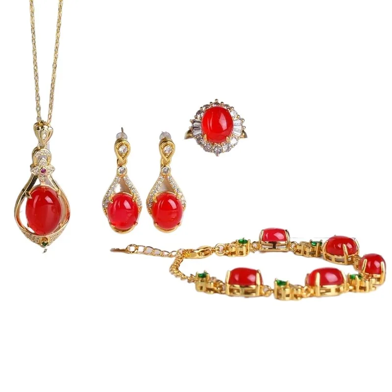 

Cherry Red Agate Set Agate Three-piece Set Women's Necklace Pendant Earrings
