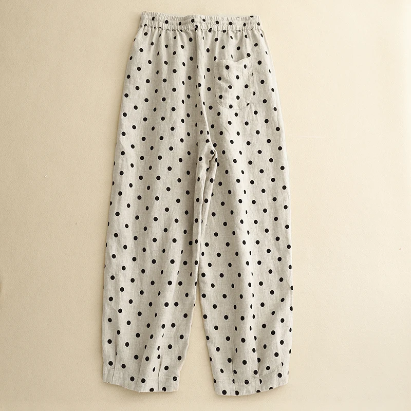 ハイウエストワイドレッグコットンリネンパンツ水玉プリントスリムナインポイントパンツプラスサイズ女性用カジュアル通勤スレ