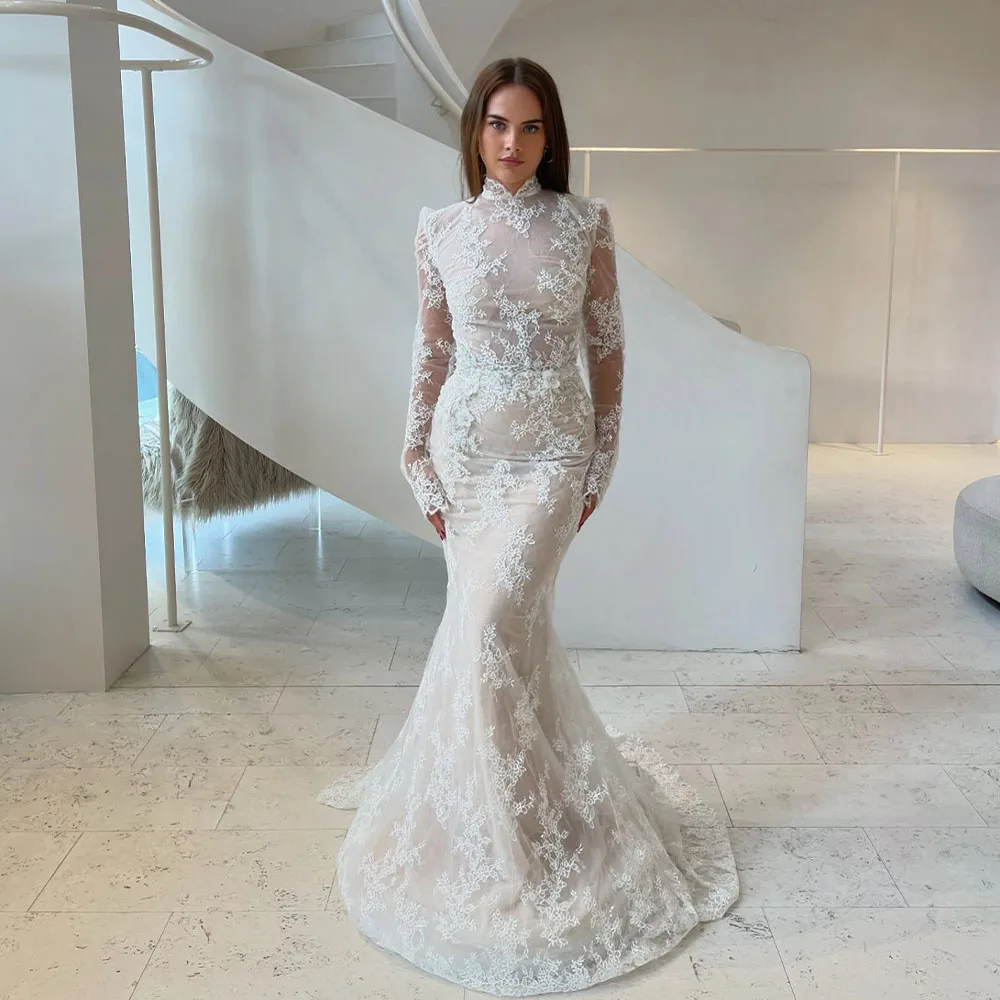 Lace Wedding Dresses Long Sleeve Mermaid Bride Dress Stand Collar Skin Lining Elegant Bridal Gowns Vestido De Novia Customized