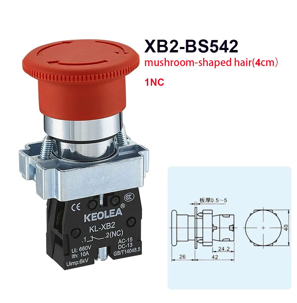 1Pcs Button Switch Self Reset Small Mushroom Head Emergency Stop 22mm Knob Key Start Inching Power on XB2-BG21 XB2-BA21 XB2-BS54