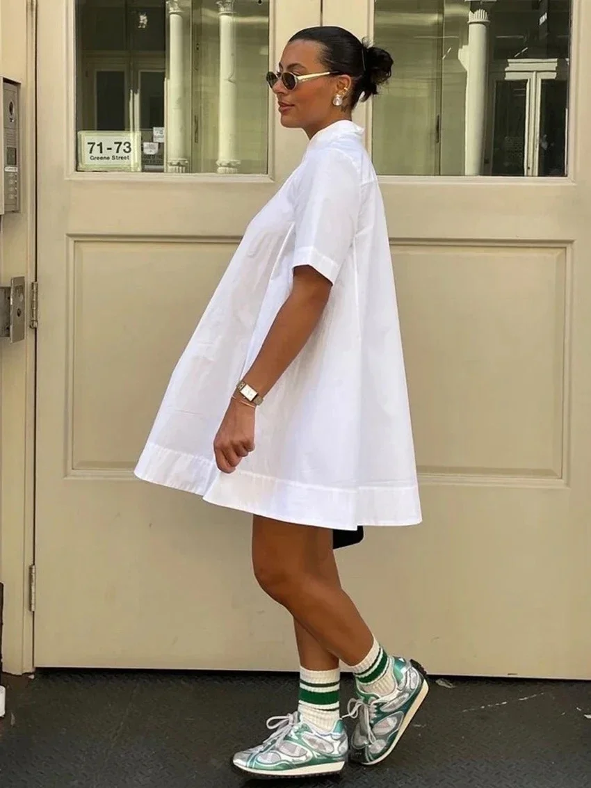 Abito estivo da donna in cotone bianco allentato Mini abiti casual a maniche corte con risvolto Elegante abito femminile classico solido