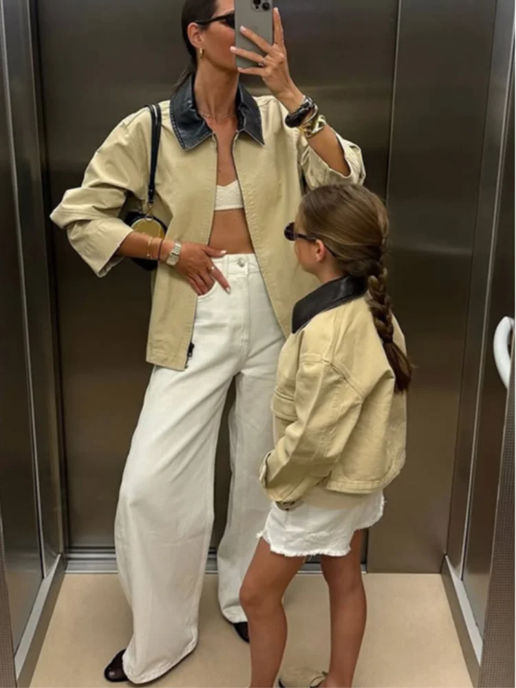 

Chic Contrast Pu Leather Lapel Jacket Women Casual Simple Zipper Long Sleeve Loose Coat 2025 Autumn Lady Street New Outerwear